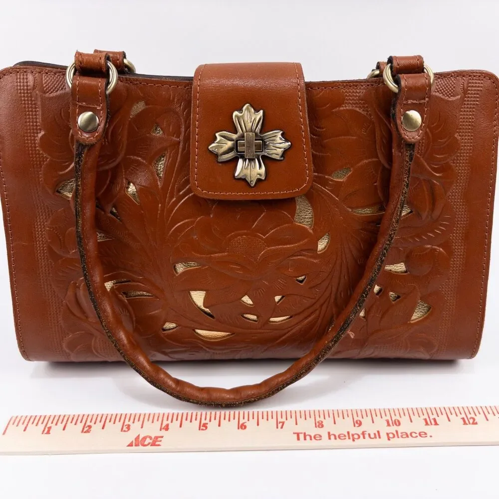 Patricia Nash Embossed Leather Satchel in Cognac Brown with Gold Accents